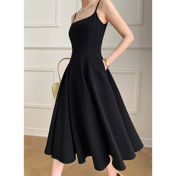 FTGUOGE black sling dress female 2023 summer new French style waist slimming Hepburn style long skirt