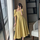 FTGUOGE yellow dress women's 2023 summer new square collar waist slimming puff sleeve a-line skirt