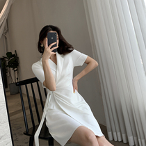 Goo Custom White Dress Dress Woman 2022 New Summer Suit Collar Laces Collection Waist Display Slim Goddess Van Little White Dress