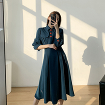 Goo Custom Blue Dress Dress Woman 2022 Fall New Cashew Slim Temperament Fashion Mid-Length Shirt Dress