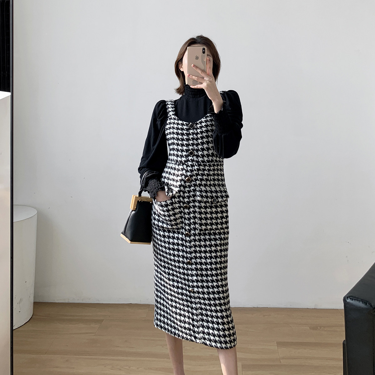 Plaid one-piece dress Two sets of women 2020 Autumn fit new high waist temperament Slim Medium Long Version Gig Suit Dress