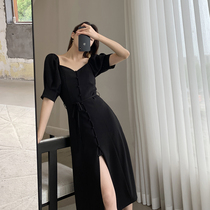 Goo Custom Black Dress Dress Woman 2022 Summer new lacing collection waist display slim and light cooked wind open fork medium long dress