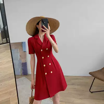 Fruit elder custom red suit skirt women 2020 spring light cooked Imperial sister wind high waist temperament Hepburn a dress