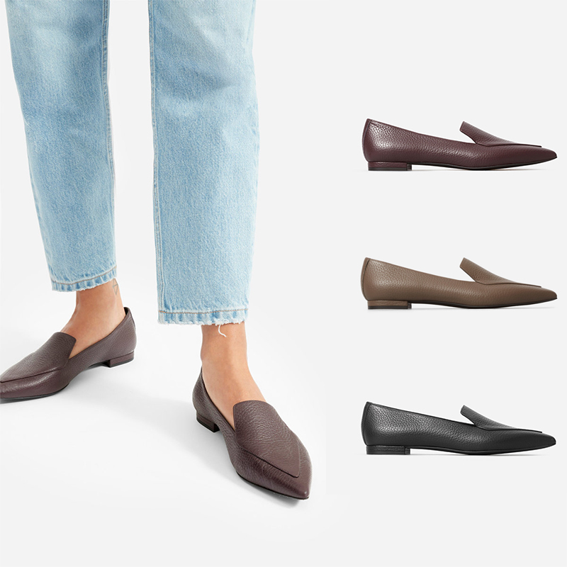 2025Everlane Shoes Flat Pointed Toe Retro Chunky Heel Slip-On Loafers Women's New Genuine Leather British Style Single Shoes