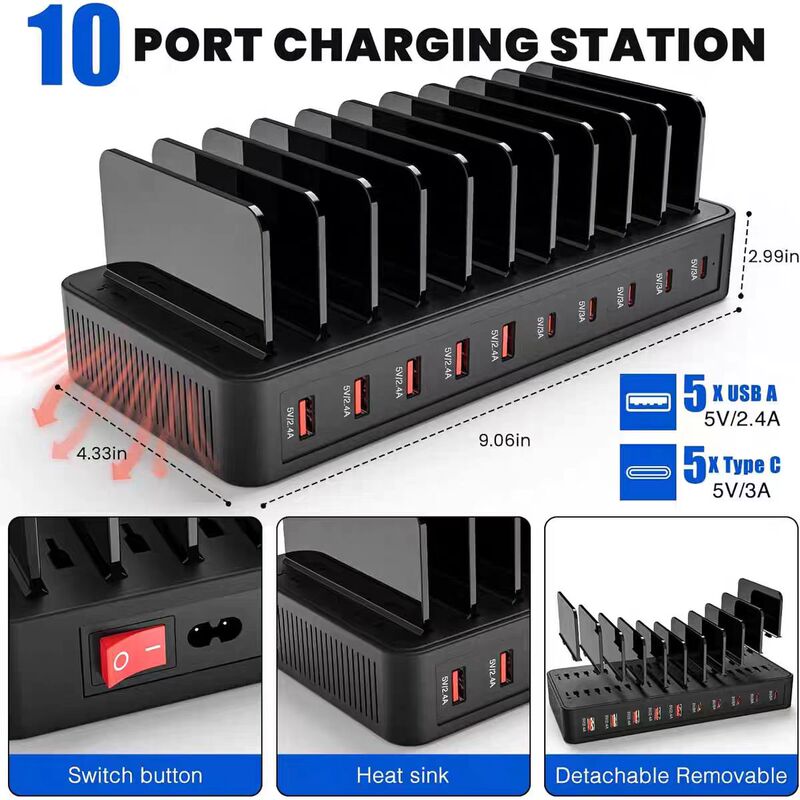 10-Port 5A5C Multi-Device Charger for Phones and Tablets, Pd20W3A Fast Charging, 100W Detachable Stand, Desktop Charging Station, Universal for Huawei, Apple, Xiaomi, Studio Multi-Port Plug