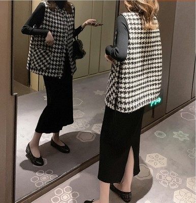 ລະດູໃບໄມ້ປົ່ງໃໝ່ປີ 2023 ແບບເກົາຫຼີກາງ-ຍາວ Tassel Vest Women's Loose Houndstooth Jacket Small Fashionable Top