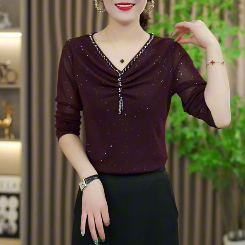 Trendy V-Neck Solid Color Mesh Base Shirt for Women, New Autumn Slim-Fit Long-Sleeve Top with Beading and Sequins for Spring and Autumn