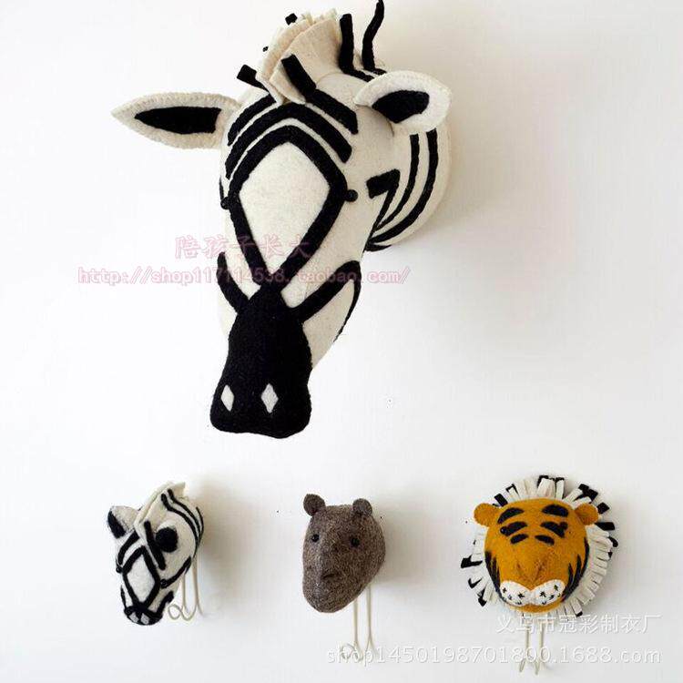 INS Nordic Wind Children's room Children's room Costume Shop Soft Dress Tiger Elephant NECK DEER WOOL FELT ANIMAL HEAD WALL DECORATION HOOK