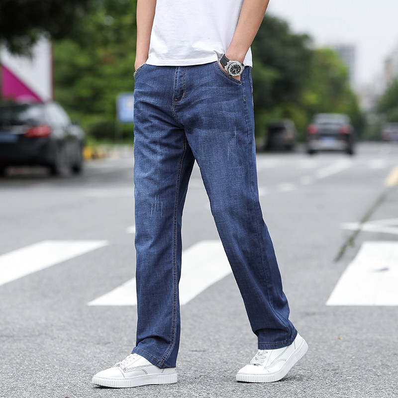 Thin loose trousers men's 2023 new style big trousers simple dark high elastic straight tube large size jeans men