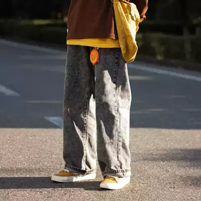 Nobodyknows vintage street loose wash wash do old black Gray snowflake point straight for men and women denim trousers