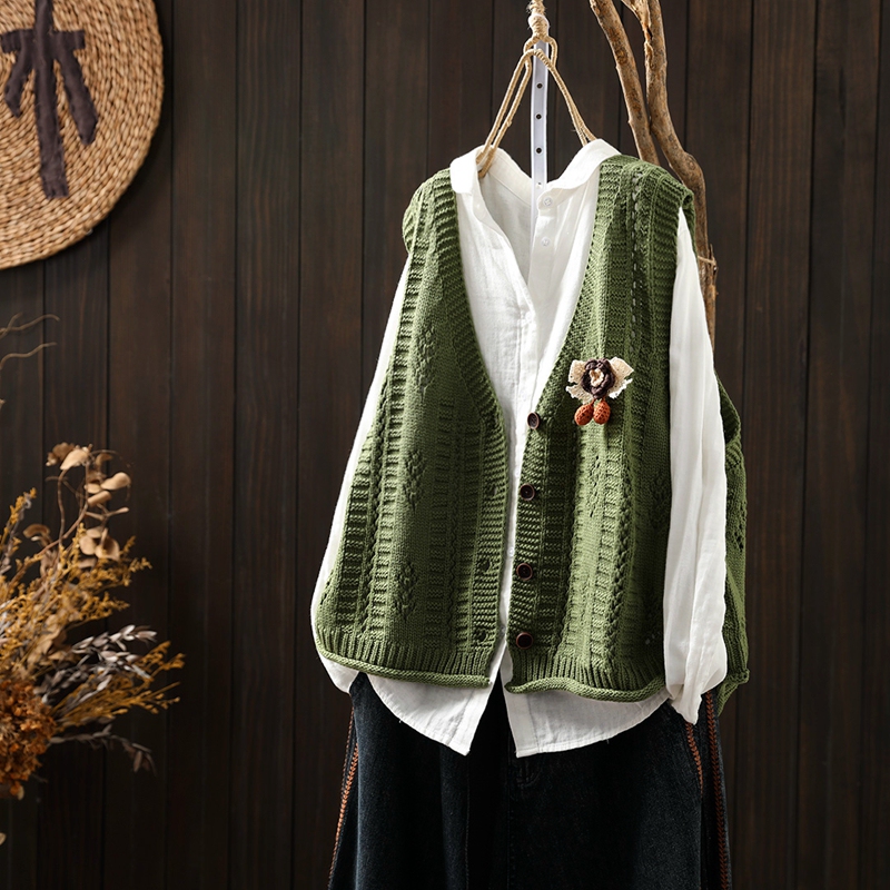Chic Layered Vest, Green Cotton Vest, Women's Spring Clothing, Loose Sleeveless Vest, Floral Decorative Knitted Top