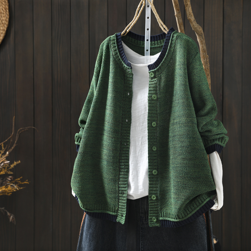 Knitted Sweater Women's Top Spring 2026 New Green Cotton Thread Retro Loose Outerwear Design Cardigan