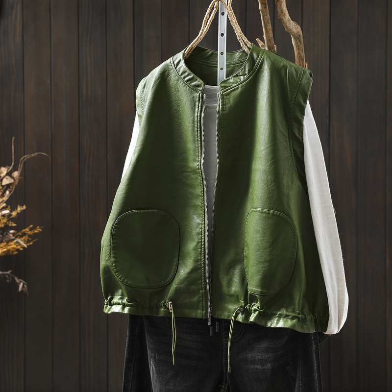 Leather Jacket Women's Vest 2026 New Spring Stand Collar Petite Loose Popular Sleeveless Pu Leather Waistcoat Jacket