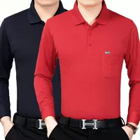 Mùa xuân trung niên nam dài tay áo thun hàng đầu quần áo nam giản dị trung niên túi màu rắn cha mùa hè áo thun áo thun có cổ nam