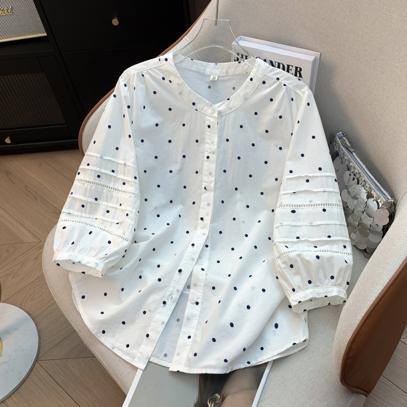 Pure Cotton Summer New Style White Polka Dot Hollow-Out Three-Quarter Sleeve Shirt for Women, Loose Fit, Slimming, Round Neck, Versatile Top Blouse Pure Cotton Summer New Style White Polka Dot Hollow-Out Three-Quarter Sleeve Shirt for Women, Loose Fit, Slimming, Round Neck, Versatile Top Blouse