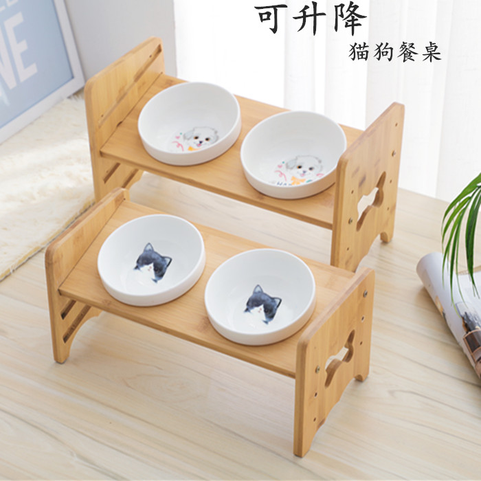 New Products Cat Bowl Dog Bowl Adjustable Lifting Bevelour Dog Basin Protection Neck Drinking Water Ceramic Double Bowl Anti-Roll Pet Supplies