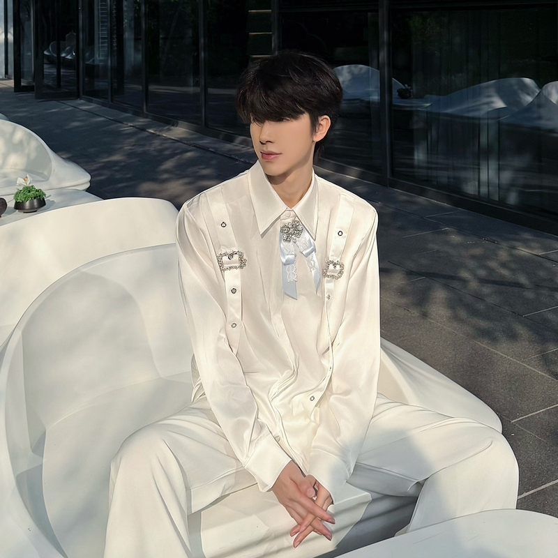 Big Wisdom French-Style Light Luxury Bow Tie White Shirt for Men, Niche Satin Metal Buckle Design Long-Sleeve Shirt