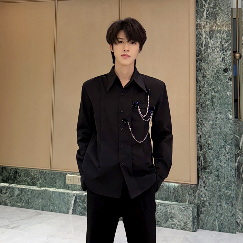 Big Wisdom Black Long-Sleeved Shirt for Men, Niche Rose Pendant Design, High-End Feel, Drapey, Cool and Stylish Shirt