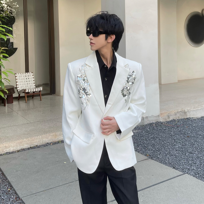 Big Wisdom White Blazer for Men, Niche Sequin 3D Embroidery, High-End Luxury, Light Luxury, High-End Custom Suit, Trendy