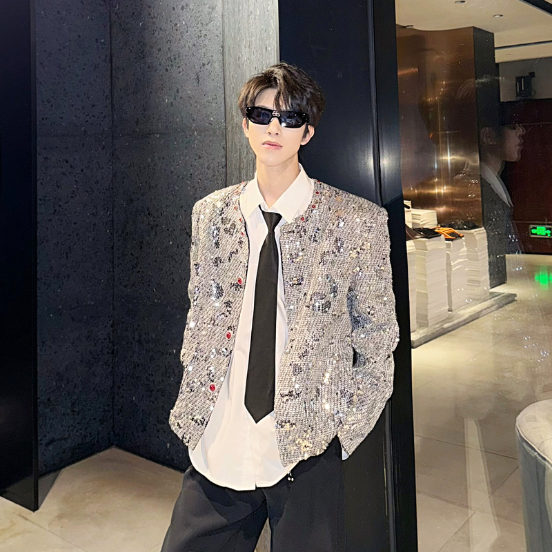 Big Wisdom Chanel-Style Jacket for Men, Niche Light Luxury Sequin Design, High-End Tweed Short Jacket, Trendy