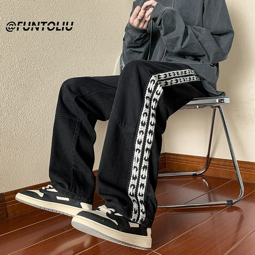 Плетеные джинсы, ретро штаны, свободный прямой крой, в американском стиле, оверсайз