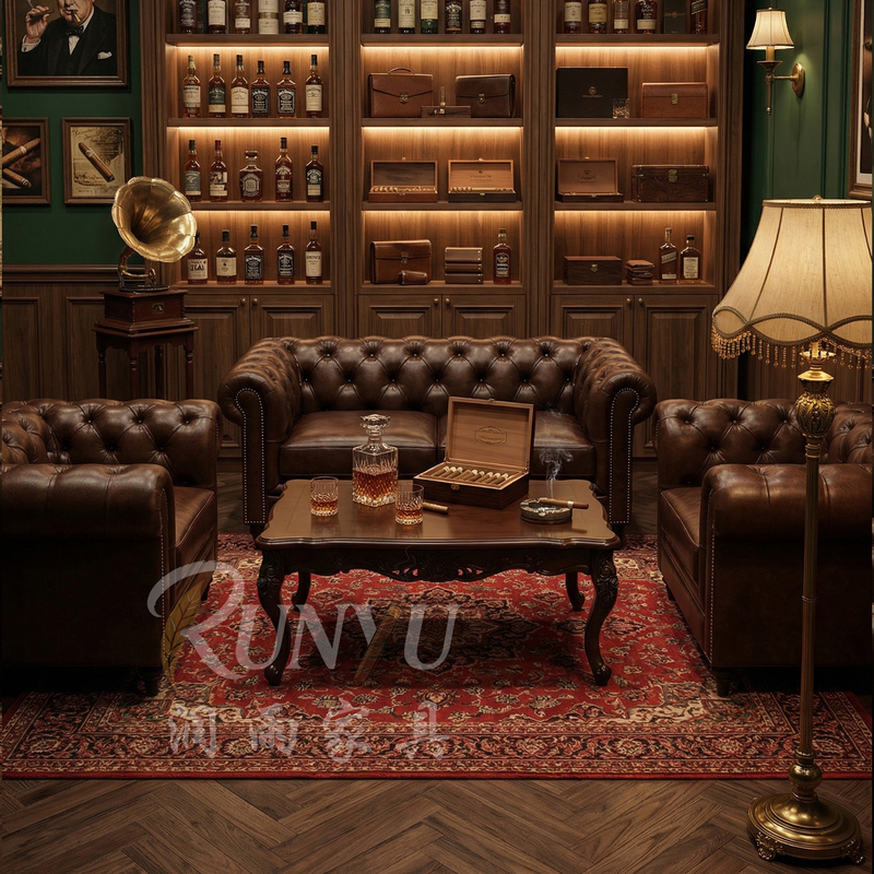 American-Style Cigar Bar Sofa, Whiskey Bar Tables and Chairs, Private Club Retro Single, Double, and Three-Person Seating Combination