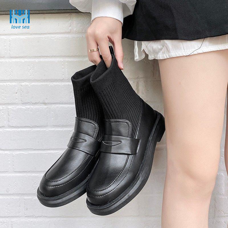 Socks and boots women's 2020 spring and autumn new student ins tide Korean version British style wild black thick-heeled skinny boots