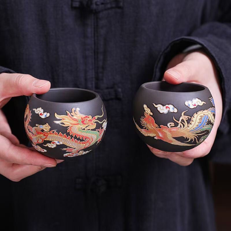 [Color Change When Heated] Zisha Clay Cup with Dragon and Phoenix Design, Couple's Matching Cups, Antique-Style, Trendy, Light Luxury, High-End Tea Cup