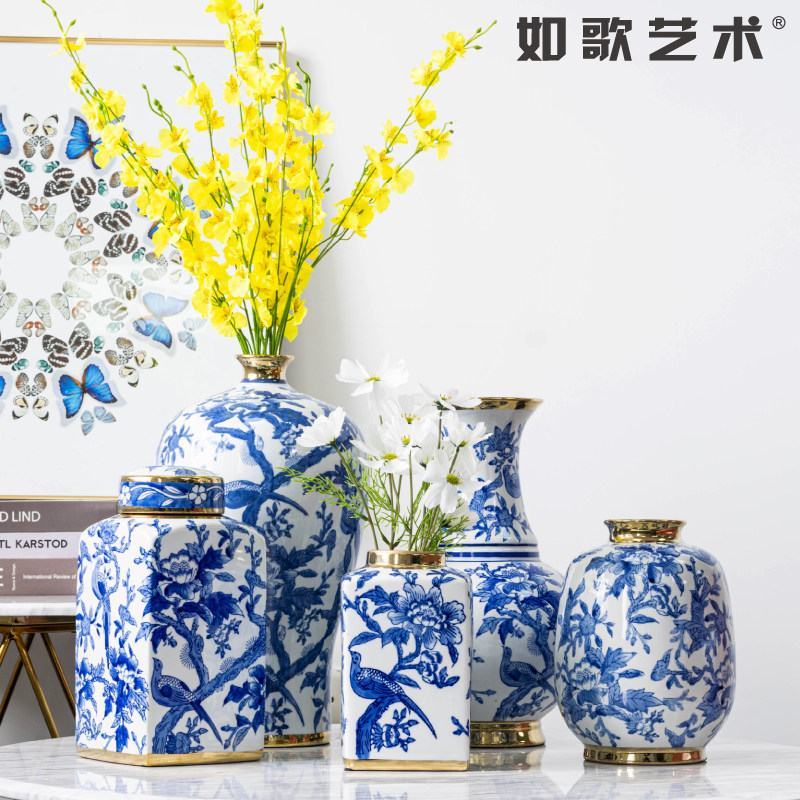 出口美国轻奢手绘青花瓷花瓶客厅样板间花盆套装饰景潮州陶瓷摆件