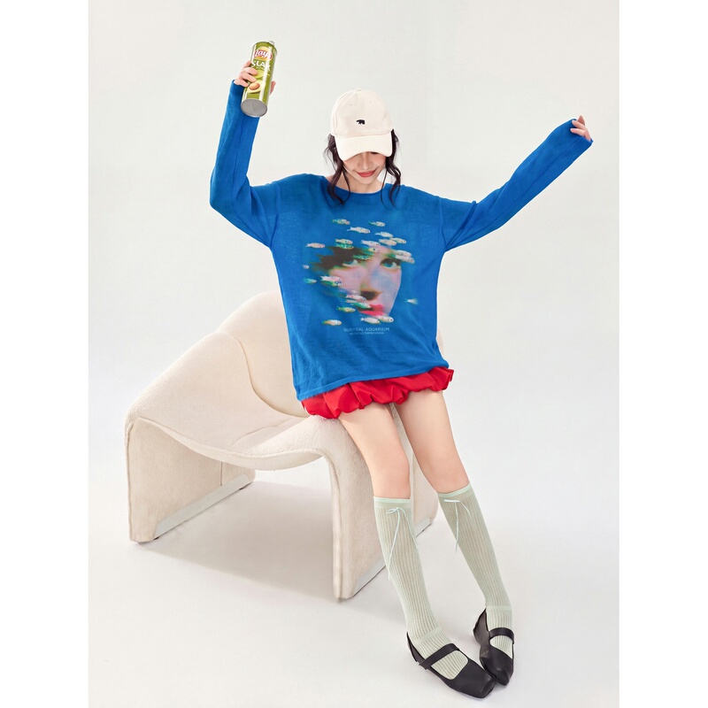 Klein Blue Ocean Print Long Sleeve Knitted T-Shirt for Women, Loose Korean Style Art Student Cute Top