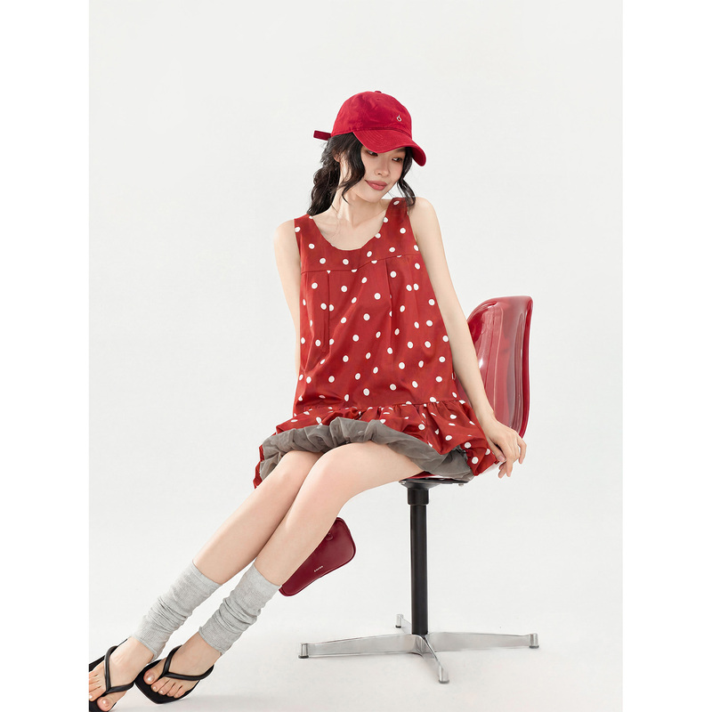 Red Retro Polka Dot Vest Dress for Women 2026 Summer New Style Rich Girl Style Mesh Splicing A-Line Flower Bud Skirt Red Retro Polka Dot Vest Dress for Women 2026 Summer New Style Rich Girl Style Mesh Splicing A-Line Flower Bud Skirt