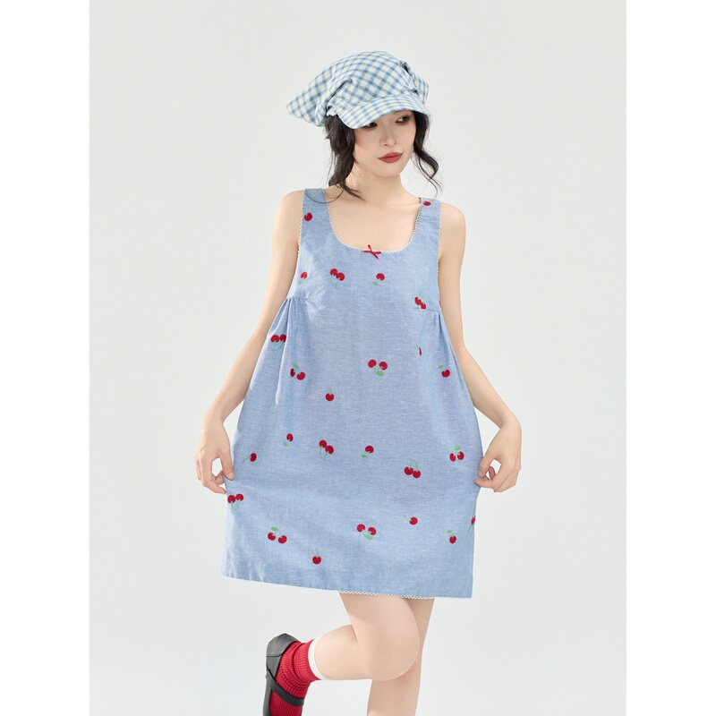 Blue Cherry Embroidered U-Neck Sleeveless Dress for Women 2026 Summer New Style High-End Loose Contrasting Color Tank Dress Blue Cherry Embroidered U-Neck Sleeveless Dress for Women 2026 Summer New Style High-End Loose Contrasting Color Tank Dress