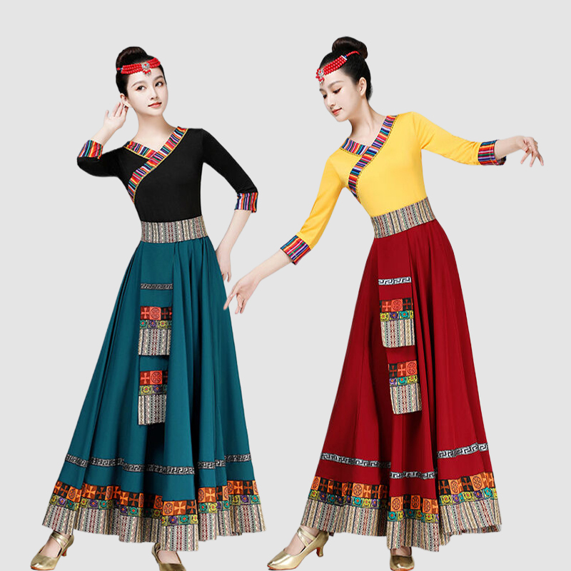 Tibetan Dance Performance Costume for Women, Adult Square Dance Set, Half Skirt, Tibetan-Style Large Swing Skirt, Practice Skirt, Art Exam Tibetan Dance Performance Costume for Women, Adult Square Dance Set, Half Skirt, Tibetan-Style Large Swing Skirt, Practice Skirt, Art Exam