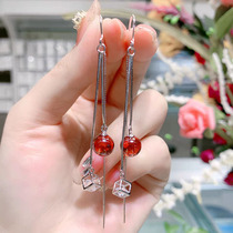 Sterling silver tassel garnet earrings female Japanese and Korean Joker Anti-lost Rubik Cube long anti-lost ear wire 2021 New