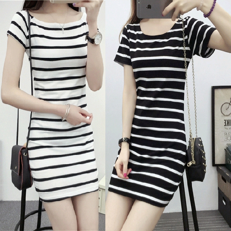 Summer Round-Neck Cotton Inner Layer Bodycon Mid-Length Women's Dress with Black and White Stripes, Off-Shoulder, Slim-Fit, New Style