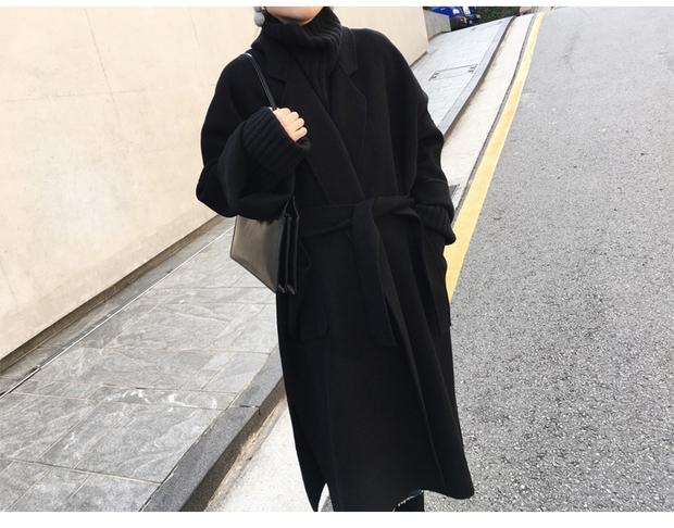 Áo khoác len màu đen nữ mùa đông dài trên đầu gối quai bóng hình đôi áo len cashmere làm bằng tay áo bò nữ đẹp