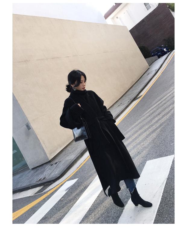 Áo khoác len màu đen nữ mùa đông dài trên đầu gối quai bóng hình đôi áo len cashmere làm bằng tay áo bò nữ đẹp