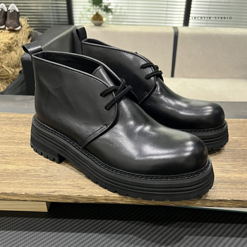 Silky nappa cowhide composite cork thick soft sole men's mid-high top casual leather shoes men's chelsea boots martin boots