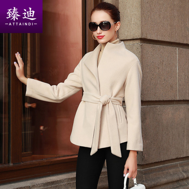 Preferential autumn and winter new Korean woolen coat women's short belt slim-fit solid-color woolen short coat