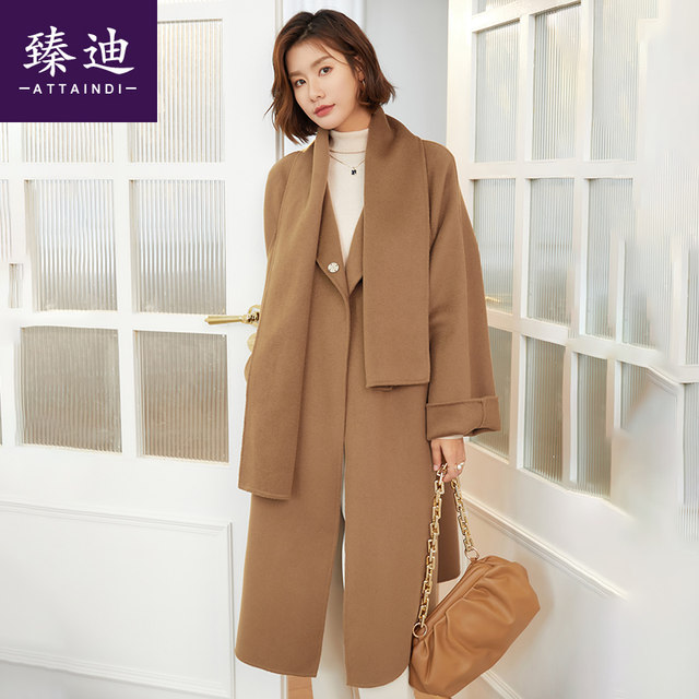 Temperament scarf collar bathrobe style 2023 autumn and winter two-sided waisted woolen coat thickened pure wool long coat for women