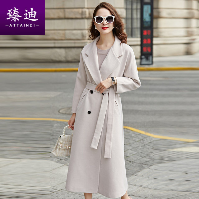 Anti-seasonal retro Hepburn high waist thin woolen coat women's over-the-knee long waist waist A swing double-breasted wool coat