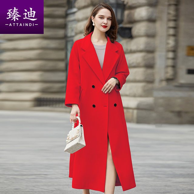 Anti-seasonal retro Hepburn high waist thin woolen coat women's over-the-knee long waist waist A swing double-breasted wool coat