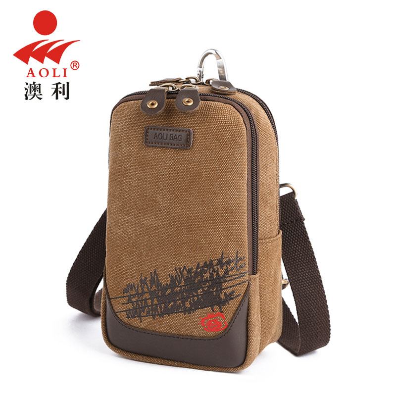 Single shoulder bag Male Skew Satchel Canvas Mobile Phone Bag Men Purse Wear Leather Strap Vertical 6 Inch Versatile Casual Little Hanging Bag