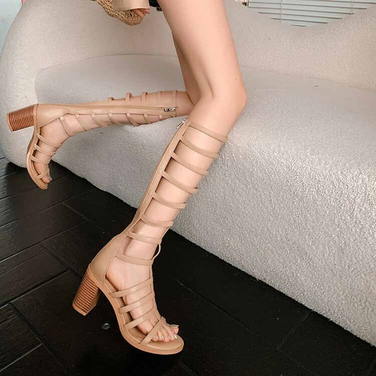 Roman Sandals with Heel Straps for Women Summer 2025 New Style Cut Out Slimming Look Thick Heel Retro High Heel Open Toe High Sandals