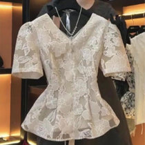 Ocnltiy French style lace crochet V-neck short-sleeved shirt womens summer bow tie waist slimming top
