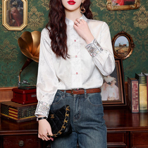 Vent docnlantiy Vent National Wind Embroidered Shirt 2024 Spring Autumn New Chinese Style Pair of Flap Collar Satin Lining Clothing