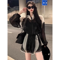 Ocnltiy Fashion Casual Sports Suit Womens Summer Thin Stand Collar Sun Protection Jacket Wide Leg Shorts Two-piece Set