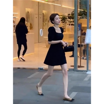 Ocnltiy French small fragrant square neck dress womens summer new Hepburn style little black dress temperament slim a-line skirt