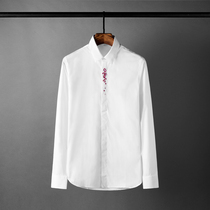 Spring plum blossom three-dimensional embroidery mens shirt Casual trend business handsome mens long-sleeved slim white shirt men