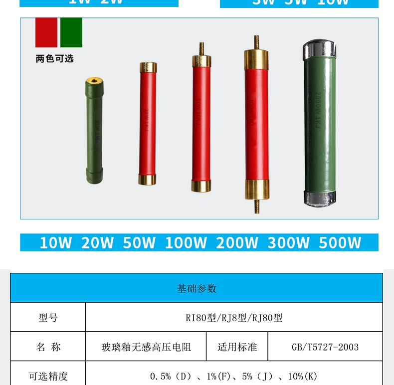 điện trở sấy khô Điện trở cao áp RJ80 điện áp cách điện bằng men thủy tinh tần số cao không cảm ứng KV1W2W3W5W10W20W50W100WMGR dây điện trở